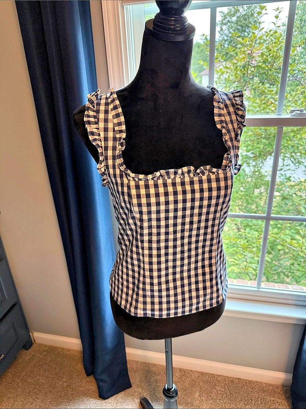 J.CREW Gingham Ruffle Tank in Blue & White extra small
